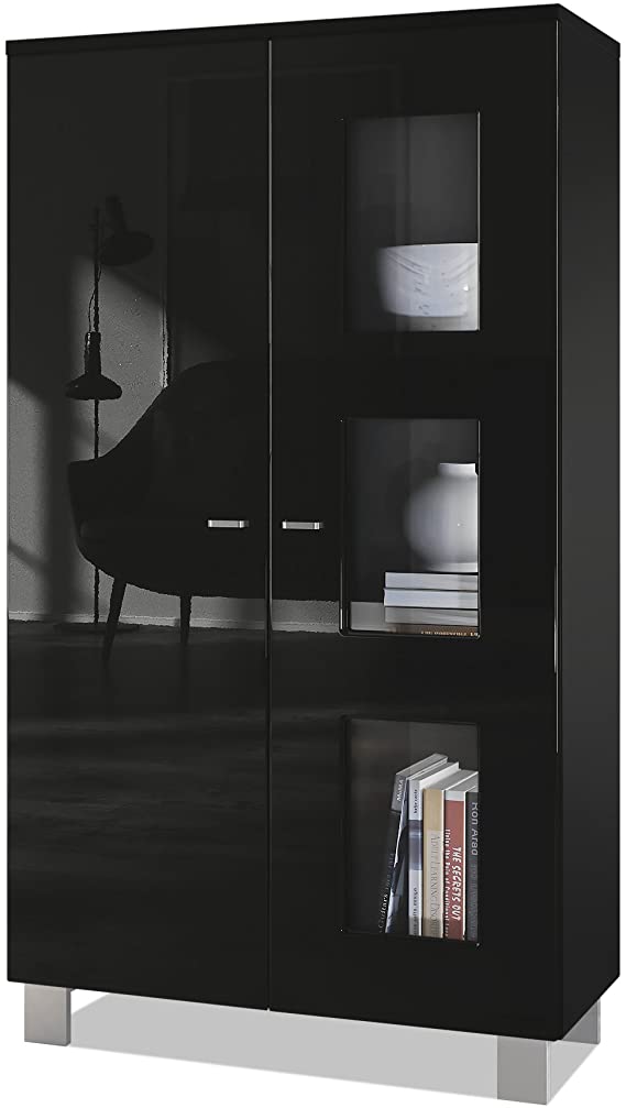 Vladon Tall Display Cabinet Cupboard Denjo, Carcass in Black matt/Front in Black High Gloss