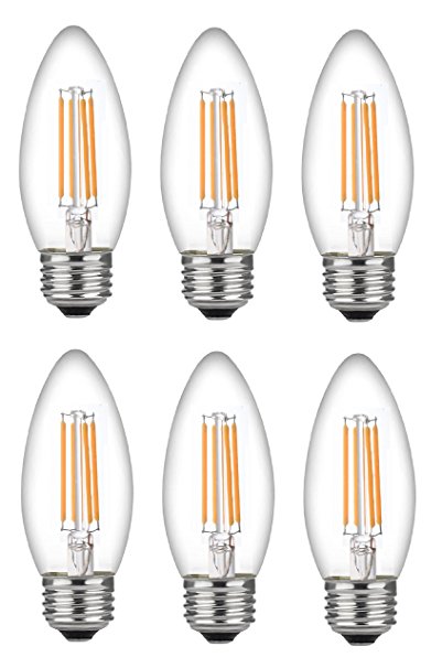 Bioluz LED 60 Watt Candelabra Bulbs Medium Base, Candelabra Bulbs, Dimmable Filament Clear 60 Watt LED Bulbs (Uses only 4.5 watts), E26 Base, C37 LED Filament Candle Bulbs, Pack of 6