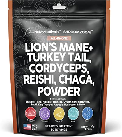 Mushroom Powder Complex Supplement with Lions Mane Mushrooms Turkey Tail Extract Cordyceps Chaga Reishi Maitake Meshima Poria Shiitake Porcini Enoki - Organic Mushroom Blend Mix - Made in USA