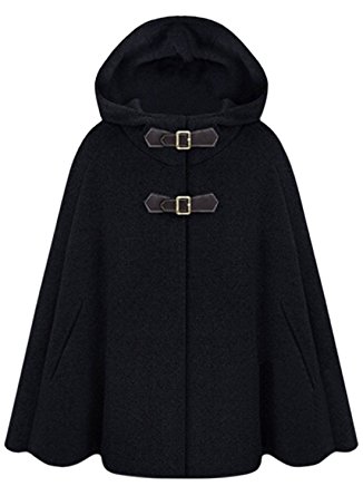 Azbro Women's Button Closure Asymmetrical Hem Black Cloak Coat