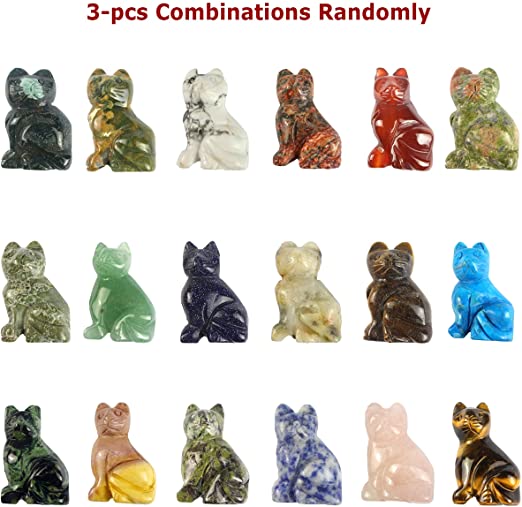 Carved Healing Crystals Gemstones Cat Figurine Statue Decoration 1.6 inches (Mix 3pcs)