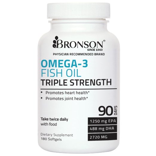 Bronson Labs: Triple Strength Omega 3 Fish Oil 2720 mg, 1250 EPA 488 DHA, Non GMO, Gluten Free, Strongest Omega-3 Supplement On The Market, 180 Softgels, 90 Days Supply, Made in USA