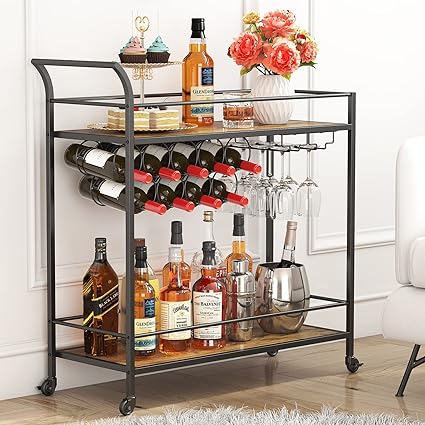 Lifewit Drinks Trolley on Wheels, Serving Trolley, 2 Tier Bar Cart with 9 Wine Bottle Racks, Cocktail Alcohol Trolley for Kitchen Dining Living Room Outdoor, 80 x 33.2 x 87.8 cm, Black