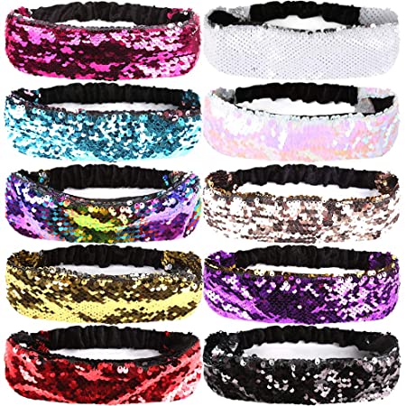 10pcs Sequins Headbands for Girls, YGDZ Kids Elastic Reversible Flip Glitter Headbands Hairband Sport Head Band Party Favors(1.8 Inches Wide)