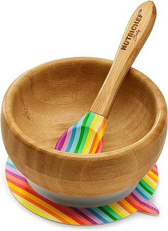 NutriChef Bamboo Baby Feeding Bowl - Wooden Infant Toddler Dish and Spoon Set w/Silicone Suction Base for Stay Put Eating, For Children Aged 4-72 Months (Rainbow)