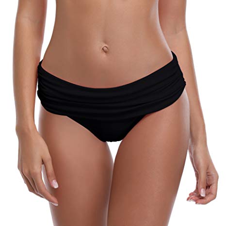 SHEKINI Women's Swimsuit Hipster Bikini Bottoms Full Coverage Ruched High Waisted Swim Bottoms