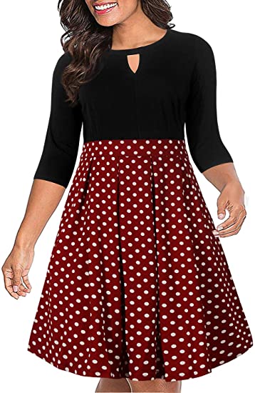 Nemidor Women's Vintage 3/4 Sleeve Patchwork Plus Size Flared Swing Party Dress with Pocket NEM223