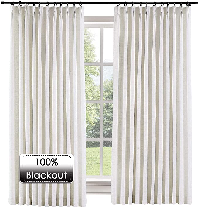 Prim 52x108-inch Solid Linen Fabric Curtains Room Darkening Thermal Insulated Blackout Pinch Pleat Window Curtain for Living Room, Beige White, 1 Panel
