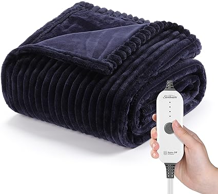 Sunbeam Royal Posh Velvet Heated Throw Electric Blanket, 50" x 60", 4 Heat Settings, 4-Hour Auto Shut-Off, Warming Throw for Couch, Fast Heating, Machine Washable, Warm and Cozy, Ribbed Admiral Blue