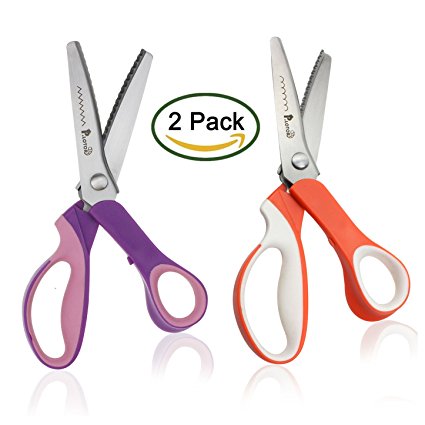 Pinking Shears, 2 Piece Set Serrated and Scalloped Scissors, P.LOTOR Stainless Steel Handled Professional Dressmaking Sewing Scissors Zig Zag Fabric Craft Scissors