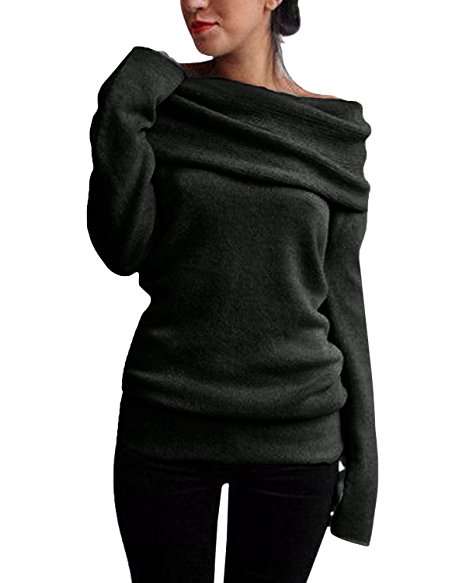 Styledome Women Off Shoulder Cowl Neck Long Sleeve Sweater Knitted Pullover Jumper Tops