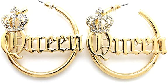 Sassy, Sexy, Boss, Mob, Queen Word Statement Bamboo Style 3.0 inches Pincatch Hoop Earring in Gold Tone