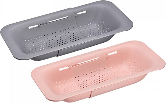 uxcell Collapsible Colander Kitchen Over the Sink Drain Strainer Extendable Basket Set for Fruits Vegetables Pasta Gray Pink