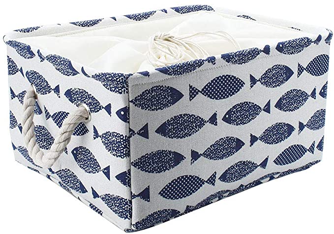 uxcell Storage Basket Bin with Cotton Handles, Fabric Storage with Drawstring Closure for Clothes Towel Toys Organizer,Laundry Basket for Home Shelves Closet Blue Off White X-Large