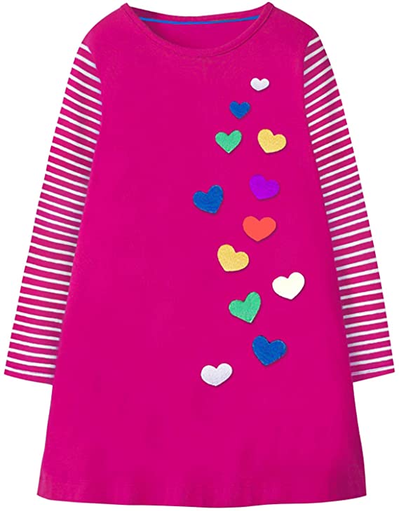 Fiream Girls Dresses Cotton Striped Cartoon Applique Casual Animal Printed Outfits Dress