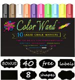 Liquid Chalk Markers - Color Wand 10 Panit Pens  Free 40 Chalkboard Labels Safe For Kids Art Windows Menu Bistro Whiteboards - 6mm Reversible Nib with Bullet and Chisel Tips