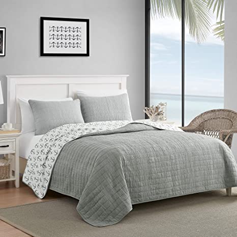 Elegant Comfort Luxury All Season Ultra Soft Enzyme Washed Reversible 1-Piece Quilt Coastal Pattern Crinkle Coverlet Bedspread, King/California King, Gray/White Anchor