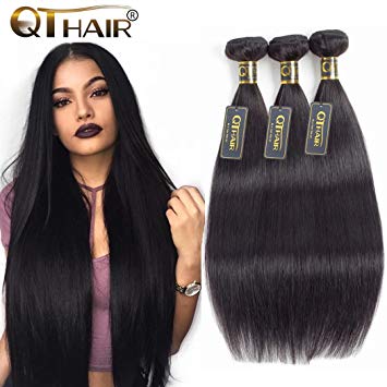 QTHAIR 10A Brazilian Straight Human Hair Weave 3 Bundles (10 12 14,300g) 100% Unprocessed Virgin Brazilian Straight Human Hair Extensions Natural Black Color Brazilian Grace Hair