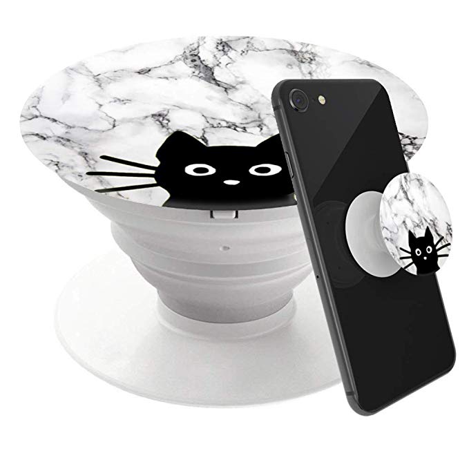 [2 Pack] Phone Grip Holder,Expanding Grip Socket for Cellphone,360 Rotation Pop Collapsible Grip and Stand for Phones and Tablets-Grey White Marble Black Cat Face