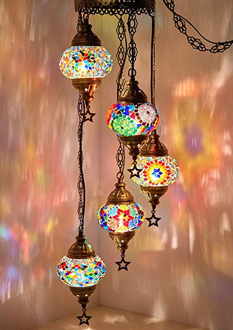 DEMMEX Turkish Moroccan Mosaic Hardwired OR Swag Wall Plug in Chandelier Light Ceiling Hanging Lamp Pendant Fixture (5 X 4.5" Globes - Swag)