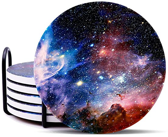 Coaster for Drinks Absorbent Galaxy Star Stone Coasters with Cork Base Stone Coasters Set Suitable for Kinds of Mugs and Cups, Coffee, End Table and Night Stands, Set of 6
