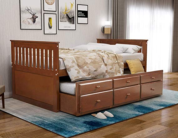 Rhomtree Storage Twin Daybed with Trundle and 3 Storage Drawers Platform Bed Frame with Headboard Footboard Kids Bed (Walnut)