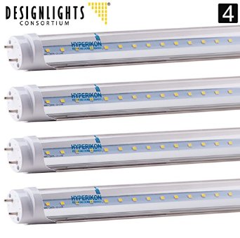 4-Pack of Hyperikon T8 LED Light Tube 4ft 18W 36W equivalent 5000K Crystal White Glow Single Ended Power Clear 1 Line UL-Listed and DLC-Qualified 4 Tombstones Included