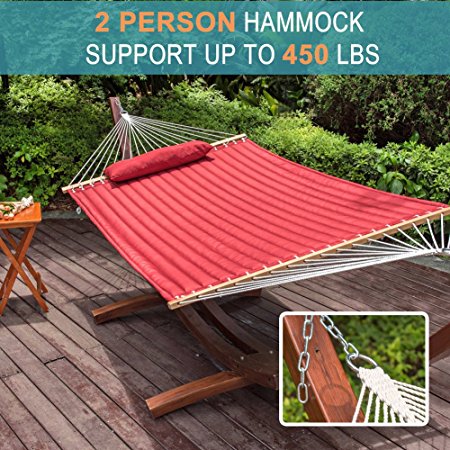 Lazy Daze Hammocks 55" Double Size Quilted Fabric Hammock with Hardwood Spreader Bar and Poly Head Pillow Stylish for Two Person, Red