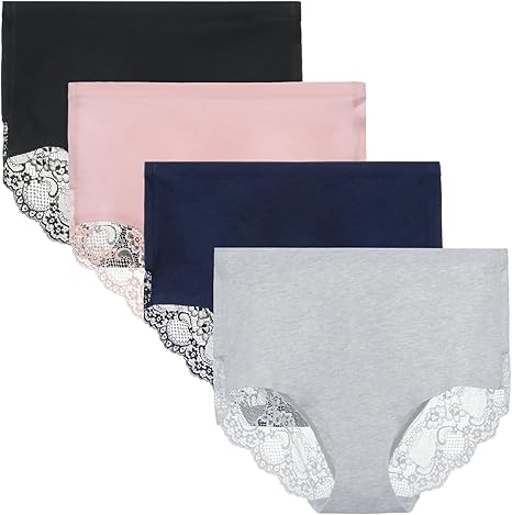 Women's 4 Pack Combed Cotton Lace Coverage Full Rise Seamless Brief Panty Underwear