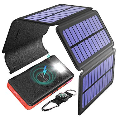 BLAVOR Solar Charger, 20000mAh Qi Wireless Portable Power Bank with 5 Detachable Solar Panels External Battery Pack with Flashlight Type C Port and Dual Output (20000mah, Red)