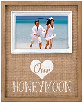 Malden International Designs Burlap Wall Sentiments Silkscreened "Our Honeymoon" Picture Frame, 4x4, Tan