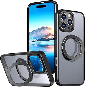 Mangix for iPhone 16 Pro Max Case,360° Rotatable & Invisible Magnetic Ring Stand Compatible with MagSafe, Anti-Fingerprint Protective Cover Translucent Back for iPhone 16 ProMax Case (Black)