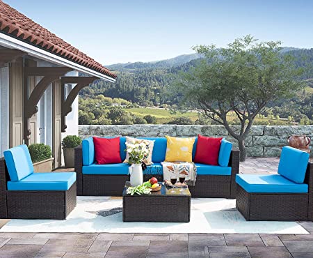 Homall 6 Pieces Patio Outdoor Furniture Low Back All-Weather Rattan Sectional Sofa Manual Weaving Wicker Conversation Set with Coffee Table and Washable Couch Cushions, Blue