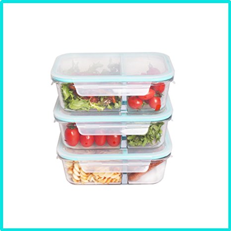 Sunspeed Glass Food Storage Container Set - 2 Compartments Container with Snap Locking Lids - Airtight, BPA Free,Microwave,Freezer & Oven,Dishwasher safe [3-Pack,32 oz, Rectangle]