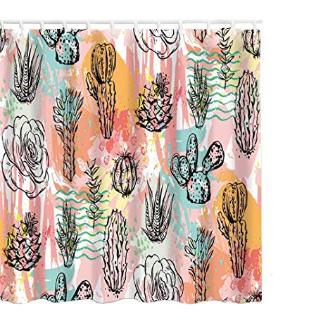 Urijk Tropical Cactus Shower Curtain, 3D Digital Printing Cactus Flowers Blossom Bath Curtain with 12 Hooks, Durable Mildew Proof Washable Polyester Waterproof Fabric Bathroom Curtain, 71" x 71"