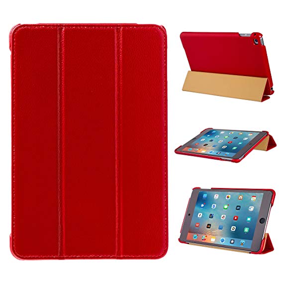 FUTLEX Genuine Leather Smart Cover Case Compatible with iPad Mini 5 (2019) & iPad Mini 4 - Red - Multiple Stand Position - Auto Wake/Sleep Function