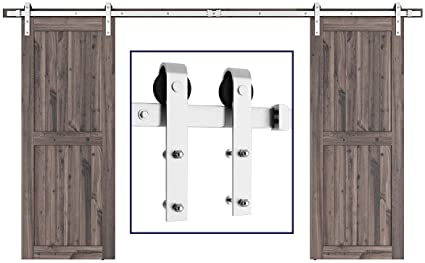 SMARTSTANDARD 12ft Heavy Duty Double Door Sliding Barn Door Hardware Kit - Smoothly and Quietly -Easy to install -Includes Step-By-Step Installation Instruction Fit 36" Wide Door Panel(J Shape Hanger)