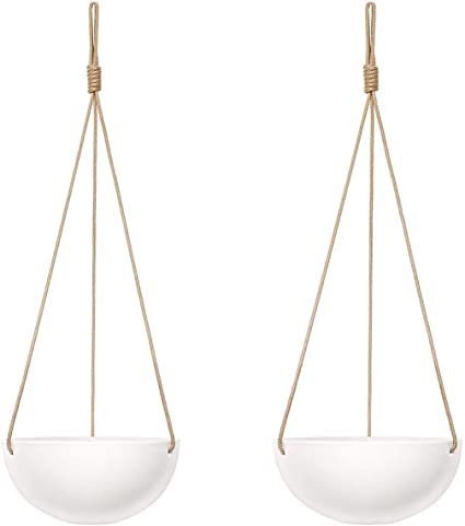 Afaris Hanging Planters, 9 Inch Ceramic Pot Indoor Modern Round Flower Plant Pot White Porcelain Hanging Basket with Polyester Rope Hanger for Herbs Ferns Ivy Crawling Plants, Set of 2