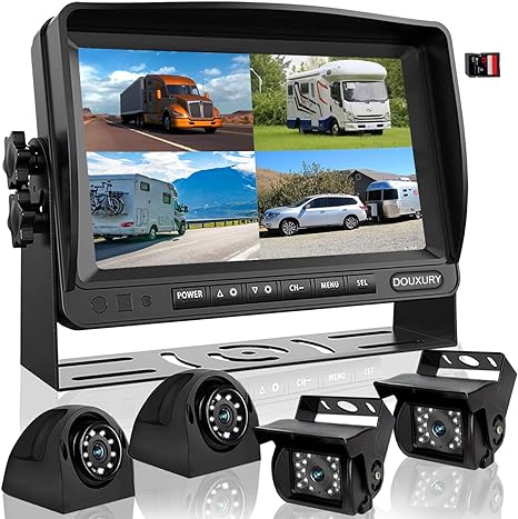 RV Backup Camera System with 7'' Quad Split 1080P Monitor for Truck Trailer Semi Camper Bus & 4 AHD Rear Side View Camera with DVR Record Function IP69 Waterproof Night Vision Avoid Blind Spot DOUXURY