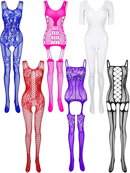 6 Pieces Valentine's Day Women Fishnet Bodystocking Bodysuit Mesh Lingerie Stockings Hollow Fishnet Sleepwear