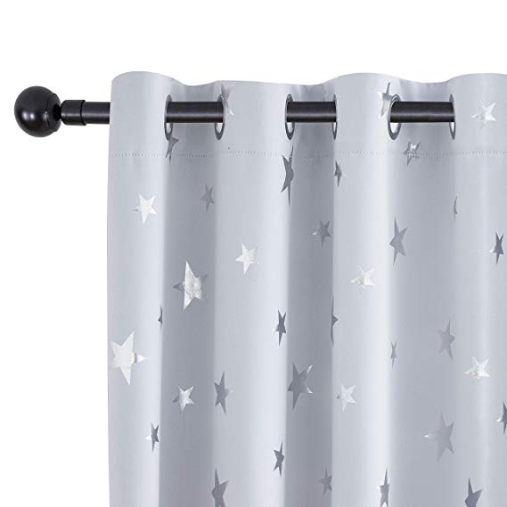 Utopia Decor Bedroom Curtains Room Darkening Curtains Shiny Silver Star Print Grommet Top Thermal Blackout Curtains 84 Inch for Baby Nursery 38W×84L Greyish White 1 Pair