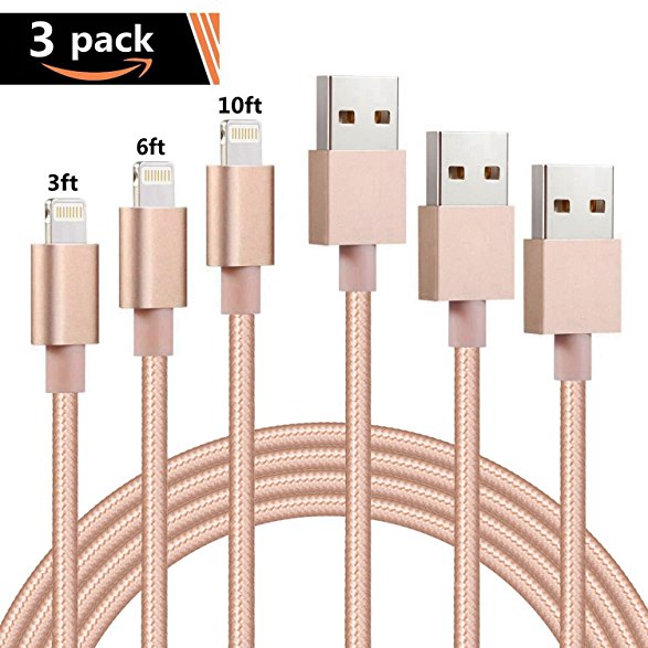 Xcords iPhone Charger 3Pack 3ft 6ft 10ft Nylon Braided Lightning Cable Charge and Sync Cable Cord Compatible with iPhone 8/8PLUS/X/7/7 plus/SE/5/6/6s/Plus/iPad Mini/Air/Pro(Gold)