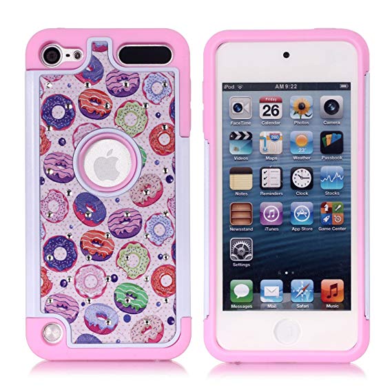 iPod Touch 6th Case, iPod 5th Case, Rainbow Donut Doughnuts Pattern Heavy Duty Shockproof Studded Rhinestone Crystal Bling Hybrid Case Silicone Protective Armor for Apple iPod Touch 5 6th Generation