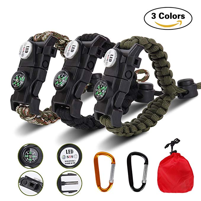 Meetrip 20 in 1 Adjustable Paracord Survival Bracelet, Tactical Survival Gear Kit with SOS LED Light, Emergency Knife, Whistle, Compass, Fire Starter for Camping, Climbing - 3 PACK