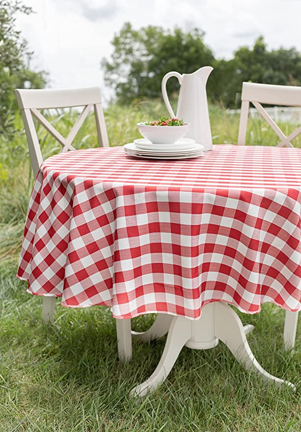 Benson Mills Indoor Outdoor Spillproof Fabric Gingham Checkered Tablecloth for Spring / Summer Pinics and Parties (Red Buffalo Check, 70" Round)