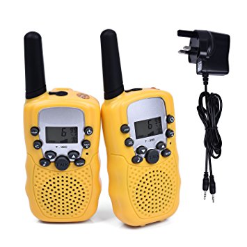 Fetoo 2pcs Kids Walkie Talkies Walky Talky PMR446 3KM Range with Rechargeable Battery, UK Plug Charger, Built-in LED Torch 0.5W 8 Channels VOX Flashlight Two-Way Radios (set of 2, yellow) ( 8 x AAA battery and UK charger included )