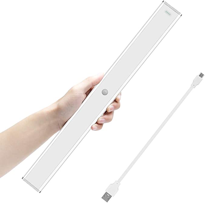 Ultra Thin Under Cabinet Light, Wireless LED Counter Light Daylight White with 1500MA Battery, 40CM 84 LEDs Silver Motion Sensor Light for Kitchen, Cabinet, Wardrobe, Closets, Bedroom