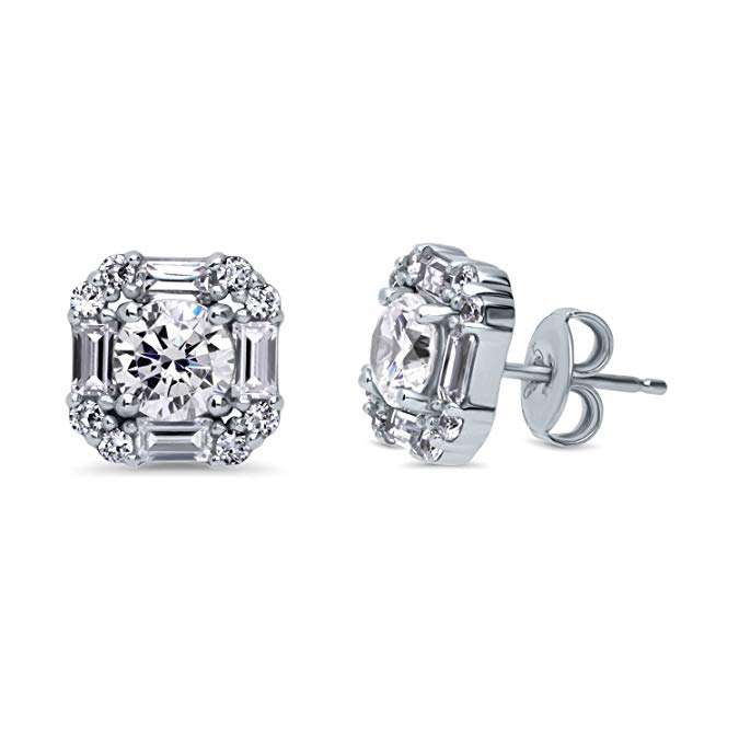 BERRICLE Rhodium Plated Sterling Silver Round Cut Cubic Zirconia CZ Art Deco Halo Stud Earrings