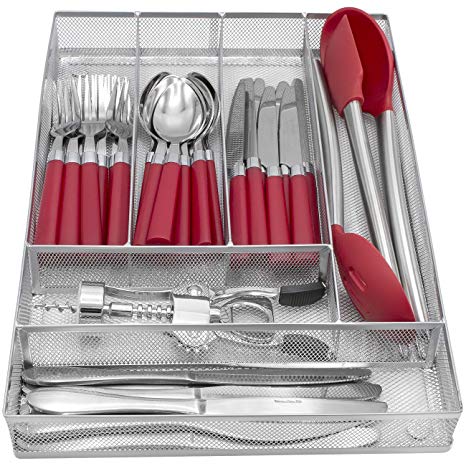 Sorbus Flatware Drawer Organizer, Cutlery Drawer Trays for Silverware, Serving Utensils, Multi-Purpose Storage for Kitchen, Office, Crafts, Bathroom Supplies, 6 Sections, Steel Mesh (Silver)