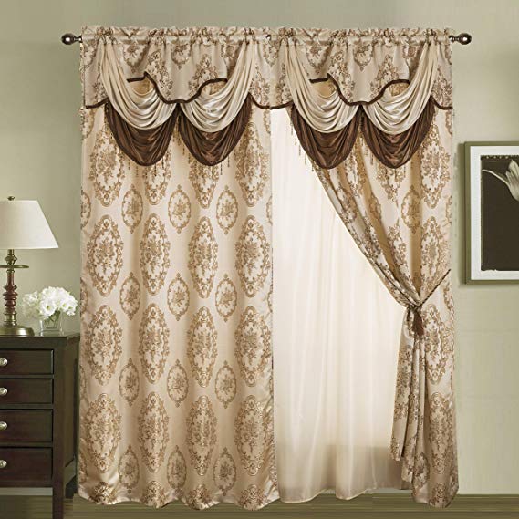 Rod Pocket Jacquard Window 84 Inch Length Curtain Drape Panels w/ attached Valance   Sheer Backing   2 Tassels - 84" Floral Curtain Drape set for Living and dining rooms - Heavy Quality - Beige
